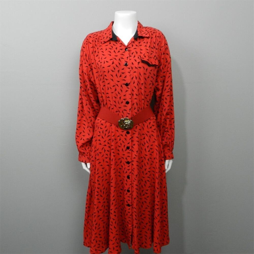 Vintage 80s 90s Midi Dress Size 16 Belted Red Retro Western Swing Rockabilly